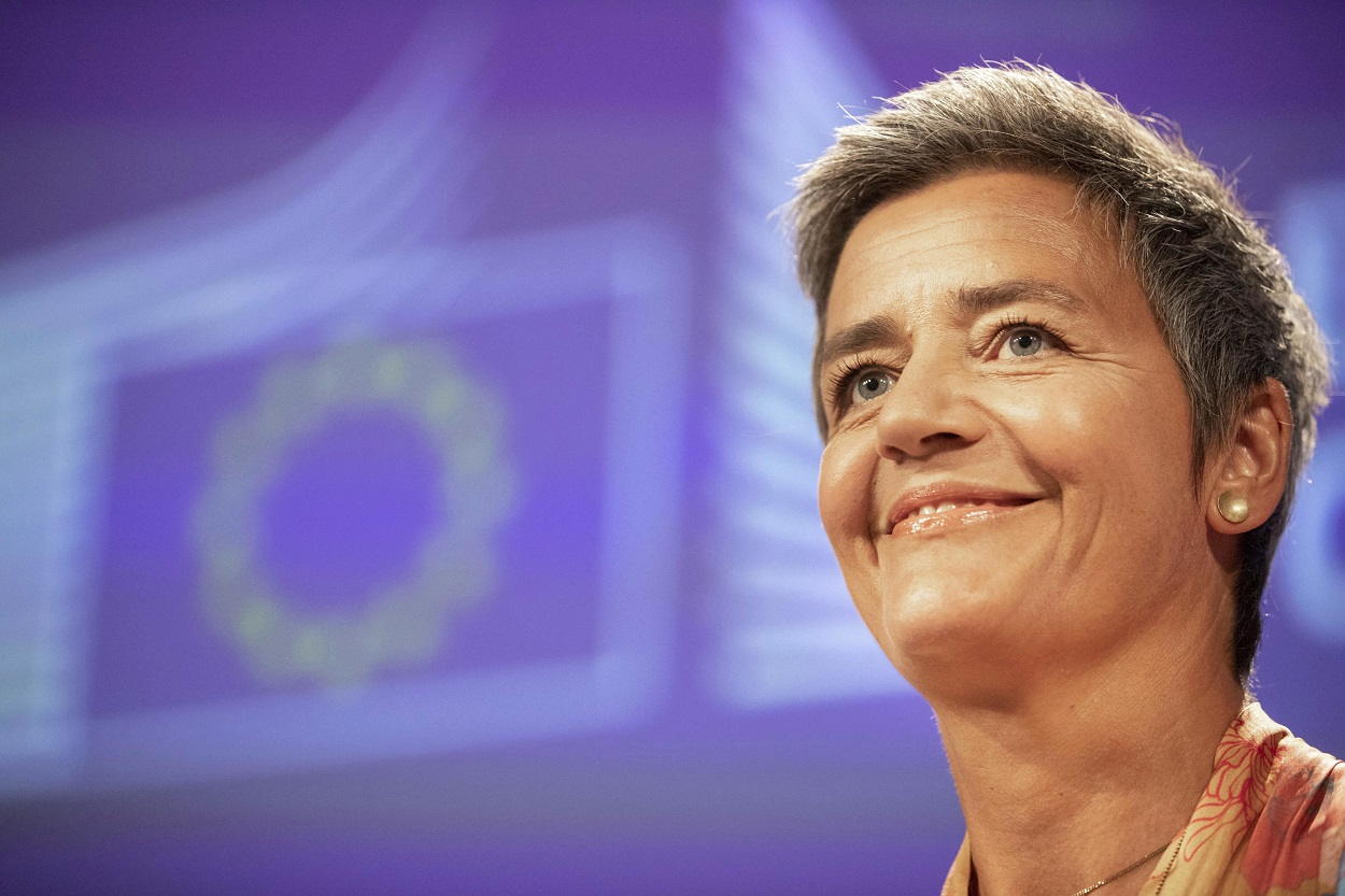 EU Commissioner Margrethe Vestager smiles during a press conference on a Competition Case involving Google Android at the European Commission building, in Brussels on Wednesday, July 18, 2018. Image credit: AP Photo/Olivier Matthys