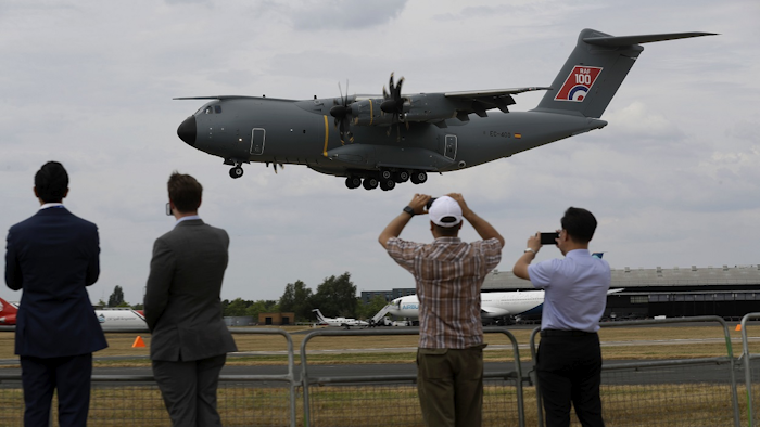 An Airbus 400M lands after a flying display at the Farnborough Airshow in Farnborough, England, Monday, July 16, 2018. Image credit: AP Photo/Matt Dunham
