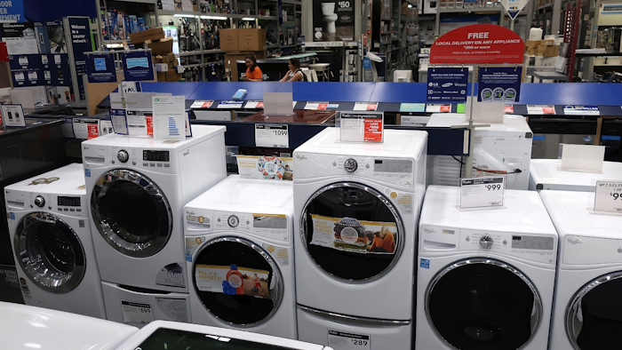 This May 21, 2018, file photo shows a row of washing machines for sale at Lowe's Home Improvement store in East Rutherford, N.J. Image credit: AP Photo/Ted Shaffrey, File
