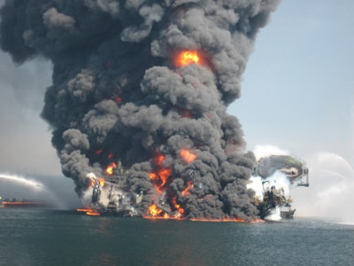 The Deepwater Horizon oil rig burns and collapses into the Gulf of Mexico, due to an explosion—blowout—of the Macondo Well on April 20, 2010. (U.S. Department of Defense)