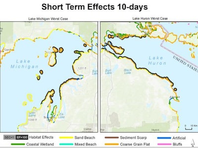 A diagram from a Michigan Technological University report shows shoreline habitats that would exceed thresholds for socioeconomic impacts 10 days after a worst-case spill from Enbridge's Line 5 in either Lake Michigan or Lake Huron, depending on the circumstances of the spill. (Michigan Technological University)