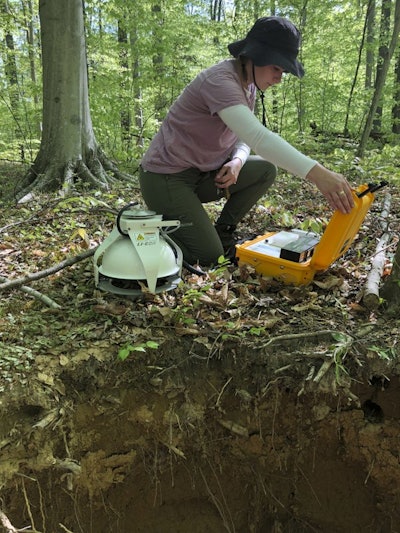 This May 3, 2018 photo provided by Benjamin Bond-Lamberty shows technician Stephanie Pennington measuring the amount of carbon dioxide released into the air from the soil at the Smithsonian Environmental Research Center near Edgewater, Md. Observations from across the globe show that as temperatures have warmed, bacteria and fungi in the soil are becoming more active. These turbo-charged microbes are feeding on dead leaves and plants, releasing more heat-trapping carbon dioxide into the air, according to a study in the Wednesday, Aug. 1, 2018 edition of the journal Nature. (Benjamin Bond-Lamberty via AP)