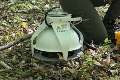 This May 3, 2018 photo provided by Benjamin Bond-Lamberty shows a device measuring the amount of carbon dioxide released into the air from the soil at the Smithsonian Environmental Research Center near Edgewater, Md. Observations from across the globe show that as temperatures have warmed, bacteria and fungi in the soil are becoming more active. These turbo-charged microbes are feeding on dead leaves and plants, releasing more heat-trapping carbon dioxide into the air, according to a study in the Wednesday, Aug. 1, 2018 edition of the journal Nature. (Benjamin Bond-Lamberty via AP)
