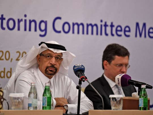 Saudi Energy Minister Khaled al-Faleh, left, and Russian Energy Minister Alexander Novak attend a meeting of OPEC and non-OPEC members to assess compliance with production cuts and to discuss potential long-term cooperation, in Jeddah on April 20, 2018. (Amer Hilabi, AFP/Getty Images)
