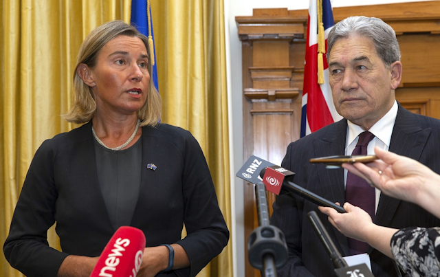 European Union foreign policy chief Federica Mogherini, left, and New Zealand Foreign Minister Winston Peters address a press conference after their meeting at Parliament in Wellington, New Zealand, Tuesday, Aug. 7, 2018. Image credit: Mark Mitchell/New Zealand Herald via AP
