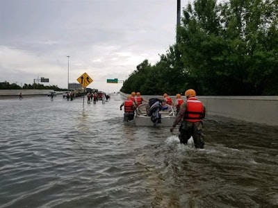 Texas National Guard soldiers arrive in Houston to aid residents in heavily flooded areas from the storms of Hurricane Harvey, Aug. 27, 2017. (1st Lt. Zachary West/Texas Army National Guard)