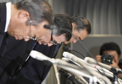 Suzuki Motor Corp. Representative Director and President Toshihiro Suzuki, second from left, bows with other official at the start of a press conference Thursday Aug. 9, 2018 in Tokyo. Image credit: Akiko Matsushita/Kyodo News via AP
