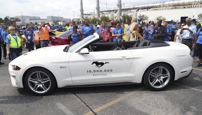 A 2019 GT Mustang, the 10 millionth Mustang built by Ford, is displayed at the Flat Rock Assembly plant, Wednesday, Aug. 8, 2018 in Flat Rock, Mich. Image credit: AP Photo/Carlos Osorio