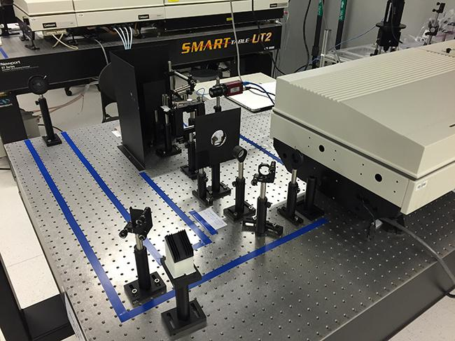 A complex set-up of lenses and cameras are required for direct, laser-based NOx measurements in a flame. (Myles Bohon)