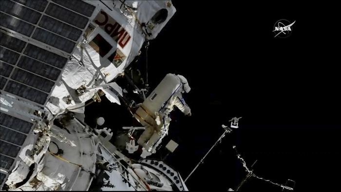 In this image made from video provided by NASA, cosmonaut Sergey Prokopyev flings a Sirius nano-satellite into orbit from the International Space Station on Wednesday, Aug. 15, 2018. NASA via AP