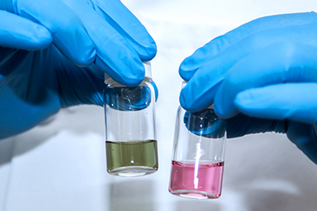 Professor Abdennour Abbas and his research team have been conducting basic research on the interactions between gold nanoparticles and cell surfaces to create novel sensors. Differently shaped gold nanoparticles like the flat triangular gold (green solution on left) and spherical gold (red-pink solution on right) not only appear different, but can have very unique interactions with cells that can be exploited to create novel reactions that yield detectable signals like color changes or glowing reactions. (University of Minnesota)