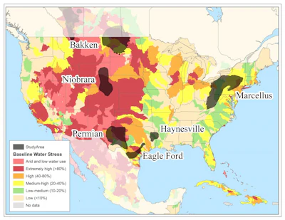 The volume of water used for fracking energy resources (gray areas) has risen sharply in recent years, raising concerns about its sustainability in regions where water resources are stressed. (Duke University)