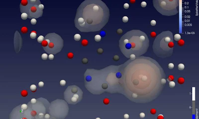 Quail prediction of a caffeine orbital in water. Open boundary conditions unveil extended electronic states–in contrast to state-of-the-art models. Quail Modeling LLC has developed software to better understand how molecules react in liquids. (Purdue University)