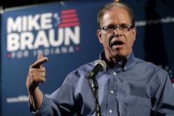 This May 8, 2018, file photo Republican Senate candidate Mike Braun thanks supporters after winning the Republican primary in Whitestown, Ind. Image credit: AP Photo/Michael Conroy, File