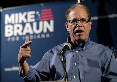 This May 8, 2018, file photo Republican Senate candidate Mike Braun thanks supporters after winning the Republican primary in Whitestown, Ind. Image credit: AP Photo/Michael Conroy, File