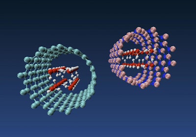 Molecular models of nanotube ice produced by engineers at Rice University show how forces inside a carbon nanotube at left and a boron nitride nanotube at right pressure water molecules into taking on the shape of a square tube. The phenomenon is dependent upon the diameter of the nanotube. (Multiscale Materials Laboratory/Rice University)