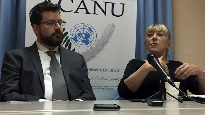 In this Monday, Aug. 27, 2018 file photo, Peter Asaro, left, of the International Committee for Robot Arms Control, and Jody Williams of the Nobel Women's Initiative speak to reporters at a news conference in Geneva, Switzerland. Image credit: P Photo/Jamey Keaten, file