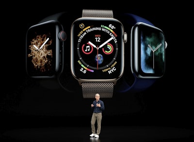 Apple CEO Tim Cook discusses the new Apple Watch 4 at the Steve Jobs Theater during an event to announce new products Wednesday, Sept. 12, 2018, in Cupertino, Calif. Image credit: AP Photo/Marcio Jose Sanchez