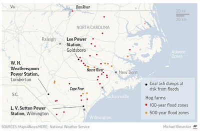 Map shows sites affected by flooding.; 3c x 3 inches; 146 mm x 76 mm (AP Photo)