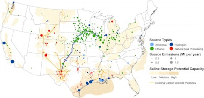 Princeton University researchers have proposed a US pipeline network that would capture, transport and store underground up to 30 million metric tons of carbon dioxide emissions each year -- an amount equal to removing 6.5 million cars from the road. The network (thick blue line at center) would transfer carbon dioxide waste from ethanol refineries in the American Midwest (green dots) to oilfields in West Texas. Midwestern ethanol refineries, which emit 43 million metric tons of carbon dioxide annually, are currently located far from existing carbon dioxide pipelines (orange lines) and largely don't sit atop geological formations suitable for storing CO2 (beige areas). (Ryan Edwards, Princeton University)