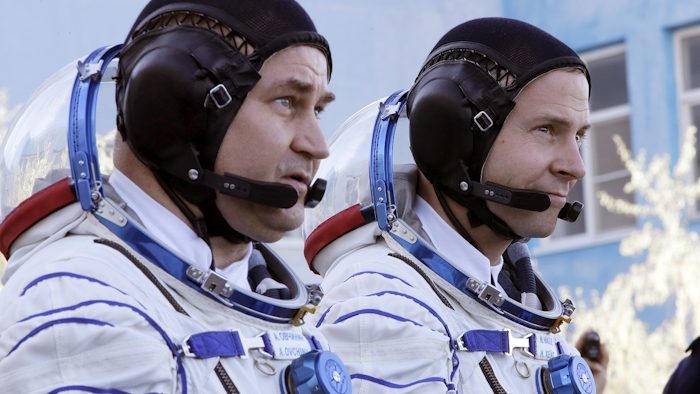 U.S. astronaut Nick Hague, right and Russian cosmonaut Alexey Ovchinin, member of the main crew of the expedition to the International Space Station (ISS), walk prior to the launch of Soyuz MS-10 space ship at the Russian leased Baikonur cosmodrome, Kazakhstan, Thursday, Oct. 11, 2018. Image credit: AP Photo/Dmitri Lovetsky, Pool
