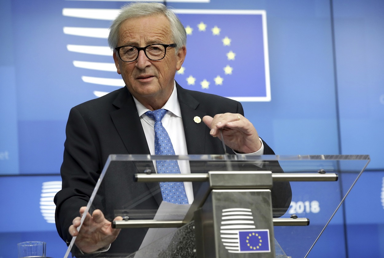 European Commission President Jean-Claude Juncker speaks during a media conference at an EU summit in Brussels, Thursday, Oct. 18, 2018. Image credit: AP Photo/Olivier Matthys