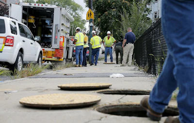 A worker with Columbia gas stands over an open man hole as the crew works to make sure there are no gas leaks at the corner of Parker and Salem Streets in Lawrence, Mass., Friday, Sept. 14, 2018. Multiple houses were damaged from gas explosions and fires triggered by a problem with a gas line that feeds homes in several communities north of Boston. (AP Photo/Mary Schwalm)