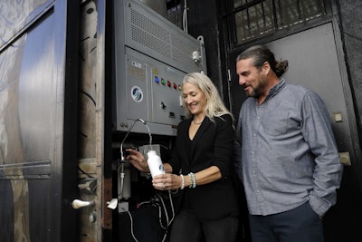 The Skysource/Skywater Alliance co-founders David Hertz, left, and his wife Laura Doss-Hertz pose for a portrait next to the Skywater 300 Wednesday, Oct. 24, 2018, in Los Angeles. Image credit: AP Photo/Marcio Jose Sanchez