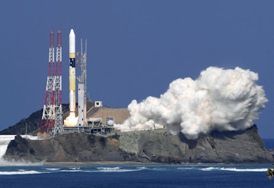 Japan's rocket H-2A is launched, carrying aboard a green gas observing satellite 'Ibuki-2' and KhalifaSat, a UAE satellite, Tanegashima, southern Japan, Monday, Oct. 29, 2018. Image credit: Nozomi Endo/Kyodo News via AP