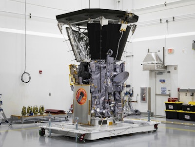 Parker Solar Probe sits in a clean room on July 6, 2018, at Astrotech Space Operations in Titusville, Florida, after the installation of its heat shield. Image credit: Ed Whitman/NASA via AP