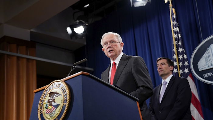 Attorney General Jeff Sessions speaks during a news conference to announce a criminal law enforcement action involving China, at the Department of Justice in Washington, Thursday, Nov. 1, 2018. Image credit: AP Photo/Pablo Martinez Monsivais