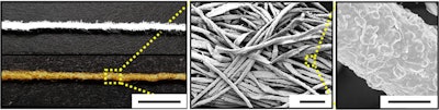 Image shows plain cotton fibers and metallic cotton fibers used as electrodes in a new biofuel cell. (Georgia Tech/Korea University)