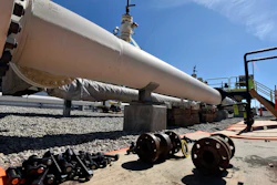 In this June 8, 2017, file photo, fresh nuts, bolts and fittings are ready to be added to the east leg of the pipeline near St. Ignace, Mich., as Enbridge prepares to test the east and west sides of the Line 5 pipeline under the Straits of Mackinac in Mackinaw City, Mich. Image credit: Dale G Young/Detroit News via AP, File