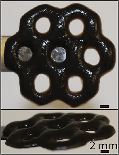 Brown University researchers have created a hybrid material out of seaweed-derived alginate and the nanomaterial graphene oxide. The 3-D printing technique used to make the material enables the creation of intricate structures, including the one above, which mimics that atomic lattice a graphene. (Wong Lab/Brown University)