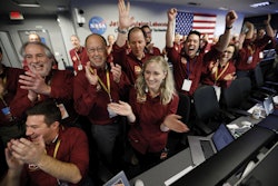 Engineers celebrate as the InSight lander touch downs on Mars in the mission support area of the space flight operation facility at NASA's Jet Propulsion Laboratory Monday, Nov. 26, 2018, in Pasadena, Calif. Image credit: AP Photo/Al Seib /Los Angeles Times via AP, Pool