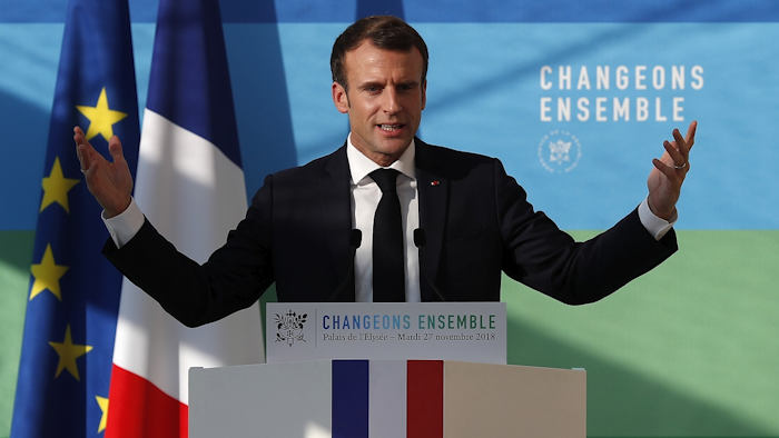 French President Emmanuel Macron delivers a speech after attending a meeting dubbed 'The presentation of the strategy for ecology transition', at the Elysee Palace in Paris, Tuesday, Nov. 27 2018. Image credit: Ian Langsdon, Pool via AP