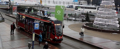 A tramway at a stop near the 'Spodek' arena, part of the venue where U.N. climate talks are help on ways of combating global warming in Katowice, Poland, Wednesday, Dec. 12, 2018. Image credit: AP Photo/Czarek Sokolowski