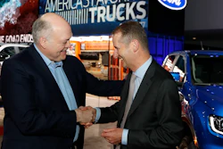Ford Motor Co. President and CEO, Jim Hackett, left, meets with Dr. Herbert Diess, CEO of Volkswagen AG, Monday, Jan. 14, 2019, at the North American International Auto Show in Detroit. Image credit: AP Photo/Carlos Osorio