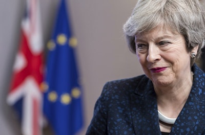 Britain's Prime Minister Theresa May leaves after a meeting with European Council President Donald Tusk at the European Council headquarters in Brussels, Thursday, Feb. 7, 2019. Image credit: AP Photo/Geert Vanden Wijngaert