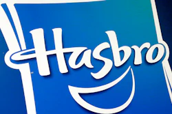 FILE - This April 26, 2018, file photo, shows the Hasbro logo at the TTPM 2018 Spring Showcase, in New York. Hasbro returned to a profit in its fourth quarter, but the toy company's performance still fell short of Wall Street's expectations as it continues to deal with the demise of Toys R Us. Shares tumbled more than 8 percent in Friday, Feb. 8, 2019 premarket trading. (AP Photo/Richard Drew, File)