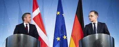 German Foreign Minister Heiko Maas, right, Denmark's Foreign Minister Anders Samuelsen, left, talk to the media at a press conference in Berlin, Germany, Wednesday, March 6, 2019. (Bernd von Jutrczenka/dpa via AP)
