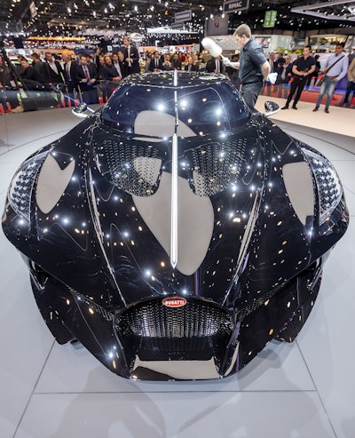 The New car Bugatti La voiture Noire is presented during the press day at the '89th Geneva International Motor Show' in Geneva, Switzerland, Tuesday, March 5, 2019. Image credit: Martial Trezzini/Keystone via AP