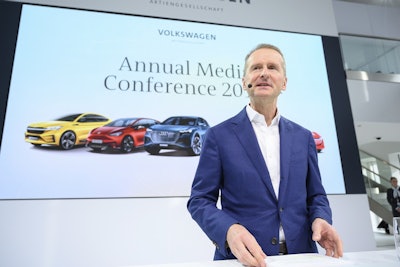 Herbert Diess, CEO of the Volkswagen AG, addresses the media during the annual press conference of the car manufacturer Volkswagen AG in Wolfsburg, Germany, Tuesday, March 12, 2019. Image credit: Christophe Gateau/dpa via AP