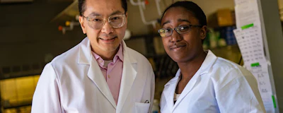 By introducing defects into the structure of a metal-organic framework, or MOF, Rice University researchers Mike Wong and Chelsea Clark found they could increase the amount of toxic pollutants called perfluorooctanesulfonic acid (PFOS) that the MOF could hold, as well as the speed with which it could adsorb them from heavily polluted industrial wastewater. (Jeff Fitlow/Rice University)