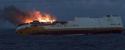This photo provided on Thursday March 14, 2019 by the Marine Nationale, shows the Grimaldi vessel Grande America on fire in the Bay of Biscay, off the west coast of France, Monday March 11, 2019. French authorities are working to contain an oil spill off the Atlantic Coast after the Italian tanker sank following a fire. French and British rescue teams saved all 27 people aboard the Grande America tanker after it sank Tuesday. (Loic Bernardin/Marine Nationale via AP)