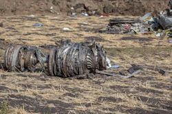 In this March 11, 2019, file photo airplane parts lie on the ground at the scene of an Ethiopian Airlines flight crash near Bishoftu, or Debre Zeit, south of Addis Ababa, Ethiopia. Image credit: AP Photo/Mulugeta Ayene, File
