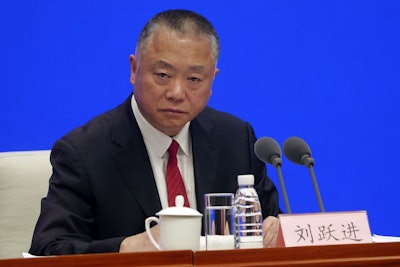 Liu Yuejin, vice commissioner of the National Narcotics Control Commission, speaks during a press conference in Beijing on Monday, April 1, 2019. Image credit: AP Photo/Sam McNeil