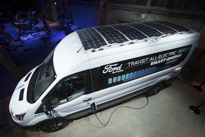 The all-electric Ford Transit equipped with solar panels on it's roof is presented during an event in Halfweg, near Amsterdam, Netherlands, Tuesday, April 2, 2019. Image credit: AP Photo/Peter Dejong