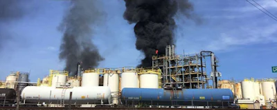 This photo taken by the Harris County Fire Marshal's Office shows the KMCO Chemical plant Tuesday, April 2, 2019, in Crosby, Texas. Authorities say one person is confirmed dead after a fire broke out at the chemical plant Tuesday near Houston. Harris County Sheriff Ed Gonzalez says two other people were life-flighted. Gonzalez says preliminary information shows that the chemical isobutylene initially started the fire, and is still burning. (Harris County Fire Marshal's Office via AP)