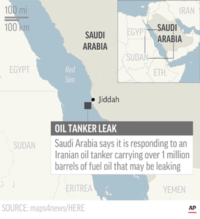 Map locates approximate location of Iranian tanker that analysts say is leaking oil in Red Sea.